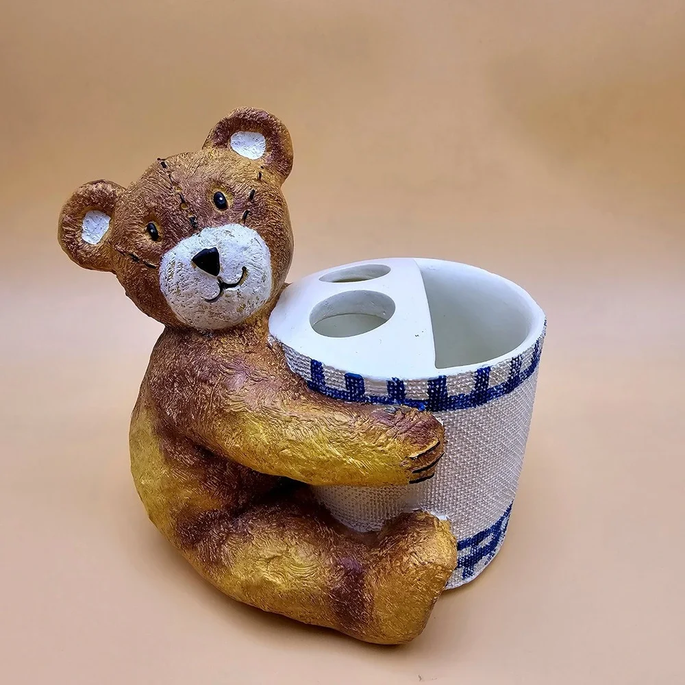 Adorable Cuddle Bear Toothbrush Holder Blue White Check Teddy Bathroom Organizer